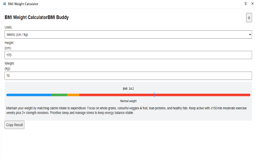 BMI Weight Calculator  from Chrome web store to be run with OffiDocs Chromium online