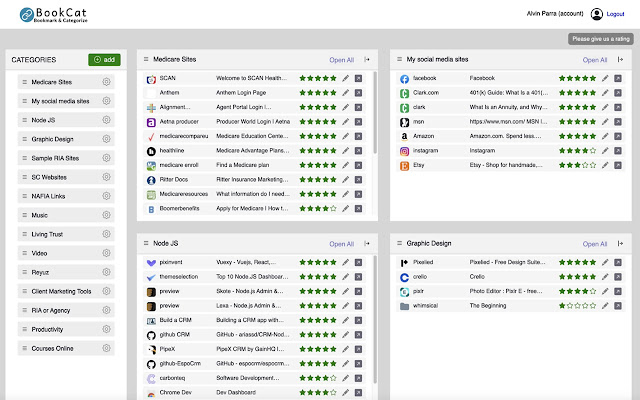 BookCat (Bookmark and categorize your sites)  from Chrome web store to be run with OffiDocs Chromium online