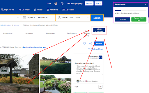 Booking reviews extract export CSV  from Chrome web store to be run with OffiDocs Chromium online
