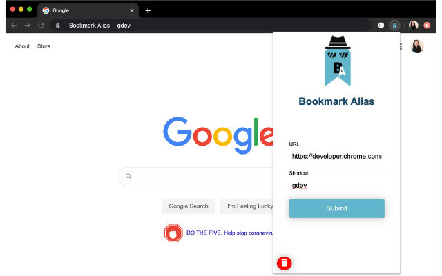 Bookmark Alias  from Chrome web store to be run with OffiDocs Chromium online