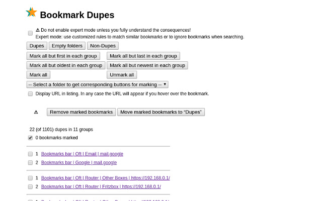 Bookmark Dupes  from Chrome web store to be run with OffiDocs Chromium online