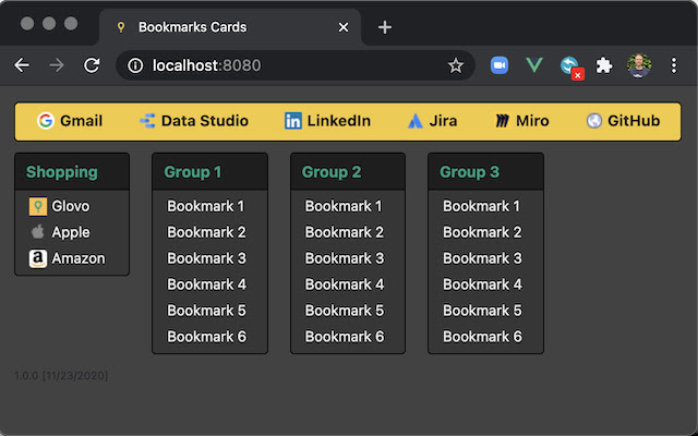 Bookmarks Cards  from Chrome web store to be run with OffiDocs Chromium online