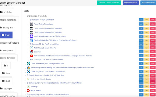 Bookmark Session Manager  from Chrome web store to be run with OffiDocs Chromium online