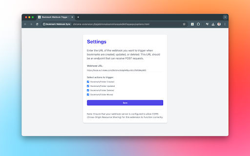 Bookmark Webhook Sync  from Chrome web store to be run with OffiDocs Chromium online