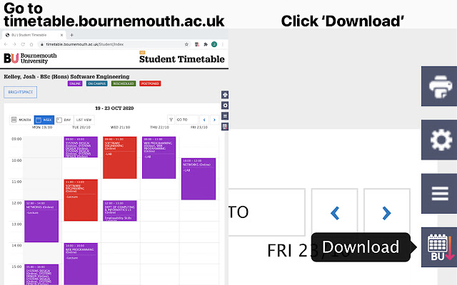 Bournemouth University Timetable Downloader  from Chrome web store to be run with OffiDocs Chromium online