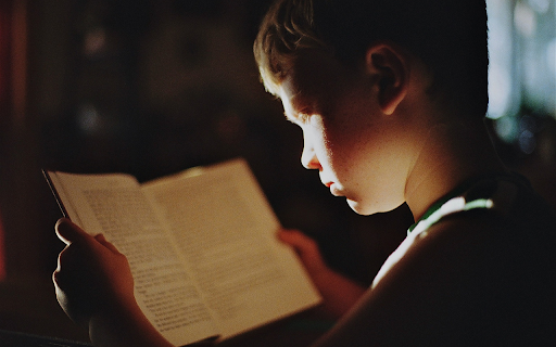 Boy reading book  from Chrome web store to be run with OffiDocs Chromium online