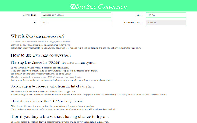 Bra Size Conversion  from Chrome web store to be run with OffiDocs Chromium online