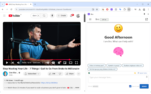Bro AI Assistant, YouTube Summary, Chat with any webpage/document  from Chrome web store to be run with OffiDocs Chromium online