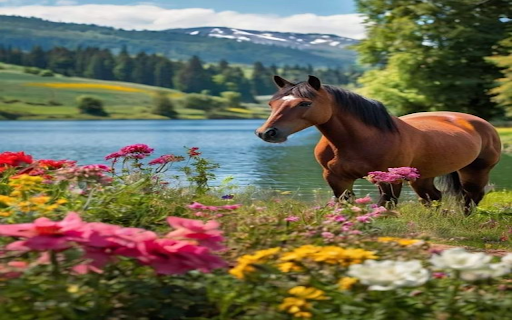 Brown horses roaming by the lake Wallpaper  from Chrome web store to be run with OffiDocs Chromium online