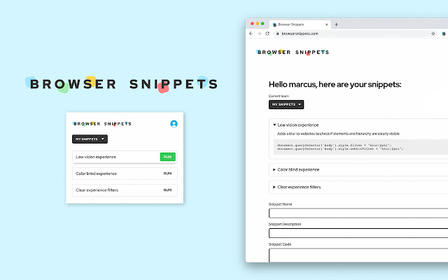 Browser Snippets  from Chrome web store to be run with OffiDocs Chromium online