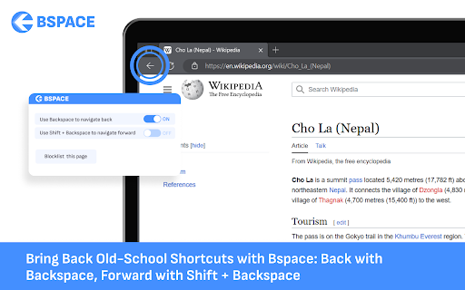 Bspace Backspace To Go Back  from Chrome web store to be run with OffiDocs Chromium online
