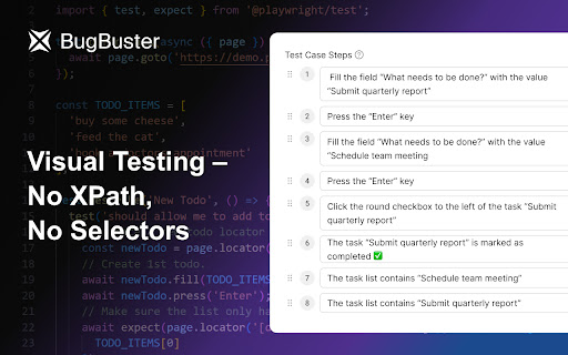 BugBuster Recorder: Turn Browser Actions into Human Readable Test Steps  from Chrome web store to be run with OffiDocs Chromium online
