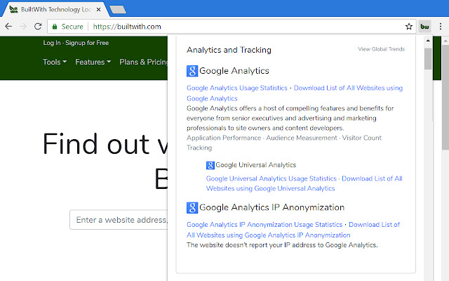 BuiltWith Technology Profiler  from Chrome web store to be run with OffiDocs Chromium online