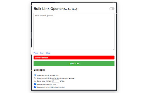 Bulk Link Opener  from Chrome web store to be run with OffiDocs Chromium online