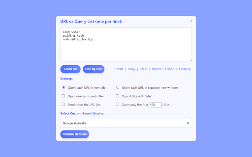 Bulk URL Opener Open Multiple URLs or Search Queries  from Chrome web store to be run with OffiDocs Chromium online