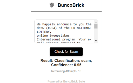 BuncoBrick Scam Detector  from Chrome web store to be run with OffiDocs Chromium online