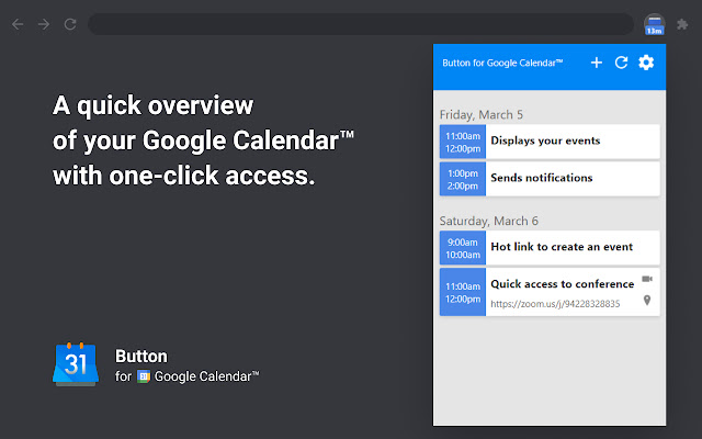 Button for Google Calendar  from Chrome web store to be run with OffiDocs Chromium online