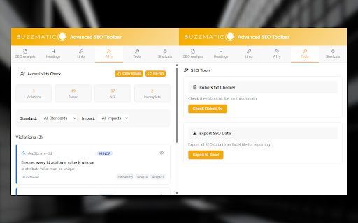 Buzzmatic Advanced SEO Toolbar  from Chrome web store to be run with OffiDocs Chromium online