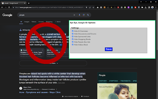 Bye Bye, Google AI: Turn off Google AI Overviews, Discussions and Ads  from Chrome web store to be run with OffiDocs Chromium online