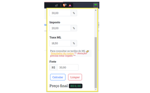 Calculadora de Preço Mercado Livre  from Chrome web store to be run with OffiDocs Chromium online