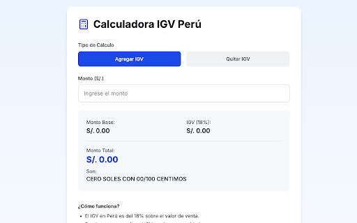 Calculadora IGV Perú  from Chrome web store to be run with OffiDocs Chromium online