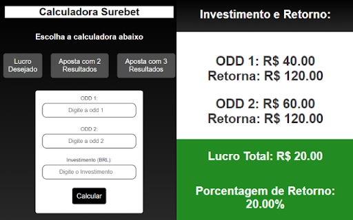 Calculadora Surebet  from Chrome web store to be run with OffiDocs Chromium online