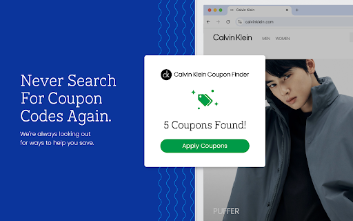 Calvin Klein Coupon Saver Official Coupons  Best Deals  from Chrome web store to be run with OffiDocs Chromium online