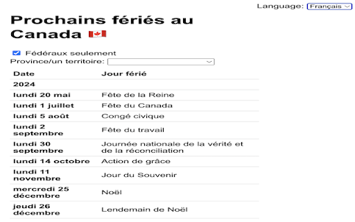 Canada Holidays  from Chrome web store to be run with OffiDocs Chromium online