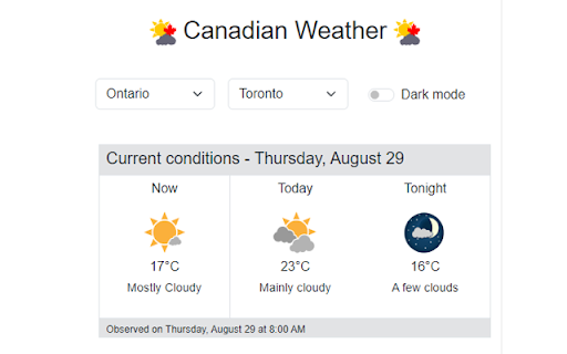 Canadian Weather  from Chrome web store to be run with OffiDocs Chromium online