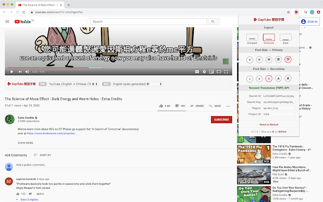 CapTube (Dual Captions for YouTube)  from Chrome web store to be run with OffiDocs Chromium online