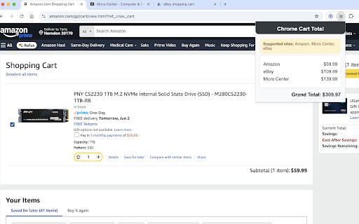 cart total  from Chrome web store to be run with OffiDocs Chromium online