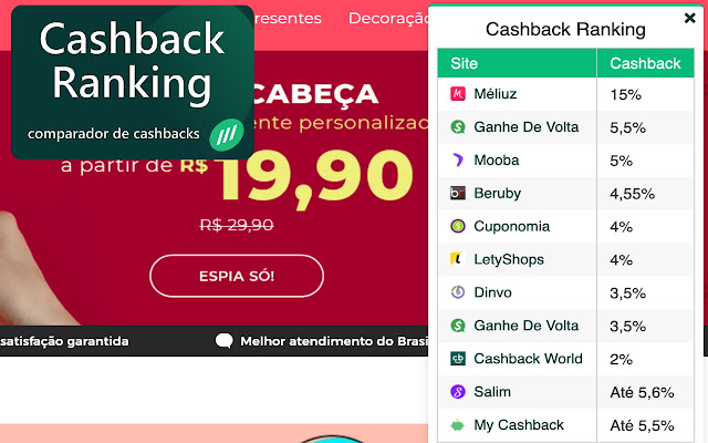 Cashback Ranking: Comparador de Cashbacks  from Chrome web store to be run with OffiDocs Chromium online