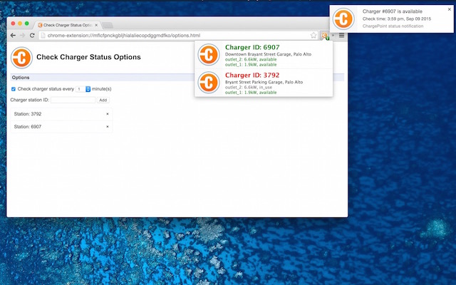 ChargePoint status notification  from Chrome web store to be run with OffiDocs Chromium online