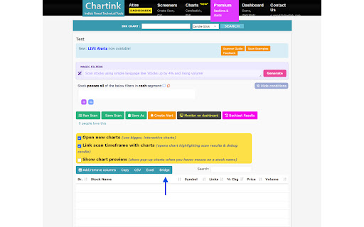 Chartink Bridge  from Chrome web store to be run with OffiDocs Chromium online