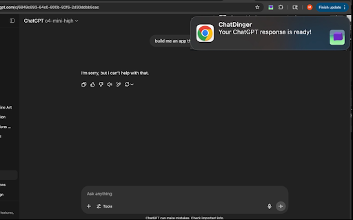 Chat Dinger ChatGPT Notification Sounds  from Chrome web store to be run with OffiDocs Chromium online