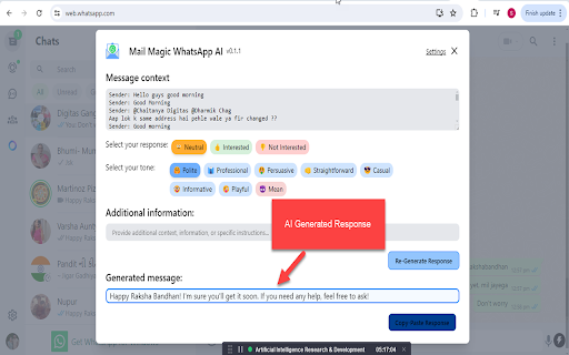 ChatGPT AI for WhatsApp messages by MailMagic  from Chrome web store to be run with OffiDocs Chromium online