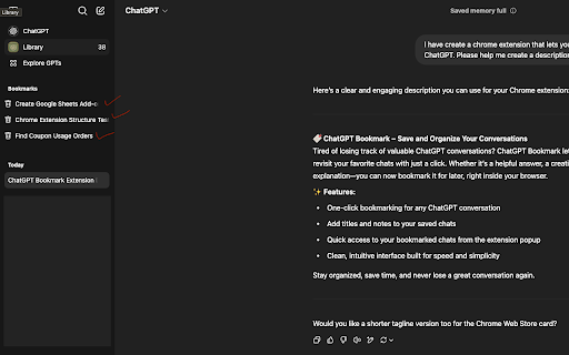 ChatGPT Bookmark Extension  from Chrome web store to be run with OffiDocs Chromium online