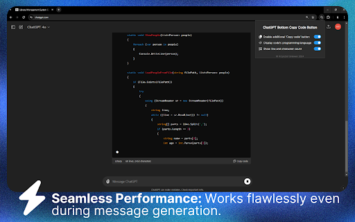 ChatGPT Bottom Copy Code Button  Statistics  from Chrome web store to be run with OffiDocs Chromium online