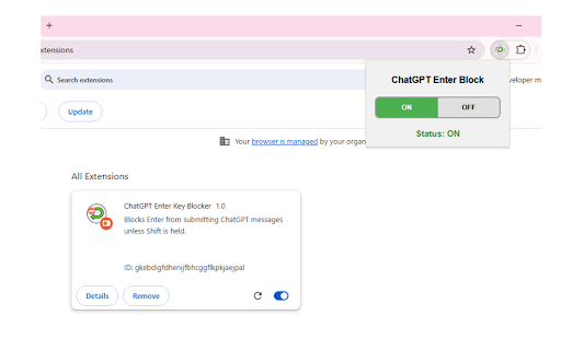 ChatGPT Enter Key Blocker  from Chrome web store to be run with OffiDocs Chromium online