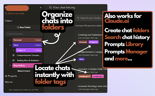 ChatGPT Folders, Search  Prompts Easy Folders: Projects  Chat Organizer  from Chrome web store to be run with OffiDocs Chromium online