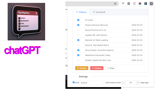 ChatGPT History utility  from Chrome web store to be run with OffiDocs Chromium online