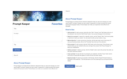 ChatGPT Prompt Keeper  from Chrome web store to be run with OffiDocs Chromium online
