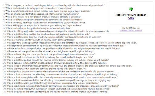 ChatGPT Prompt Library from Chrome web store to be run with OffiDocs Chromium online ChatGPT Prompt Library from Chrome web store to be run with OffiDocs Chromium online