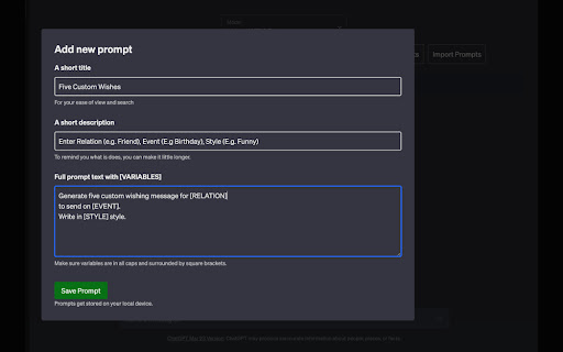 ChatGPT Prompt Manager  from Chrome web store to be run with OffiDocs Chromium online
