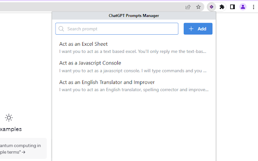 ChatGPT Prompts Manager Extension  from Chrome web store to be run with OffiDocs Chromium online