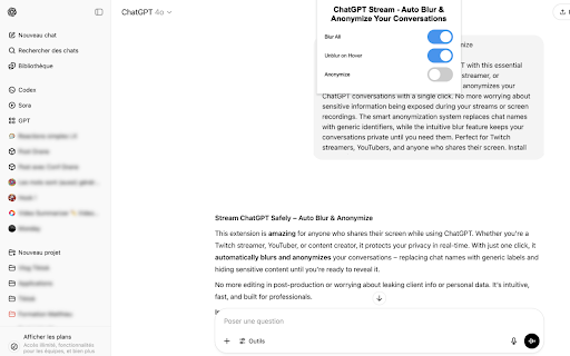 ChatGPT Stream Auto Blur  Anonymize Your Conversations  from Chrome web store to be run with OffiDocs Chromium online