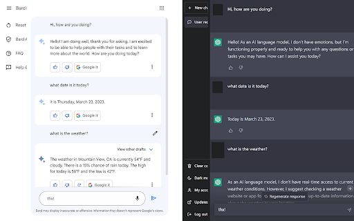 ChatGPT vs Bard  from Chrome web store to be run with OffiDocs Chromium online