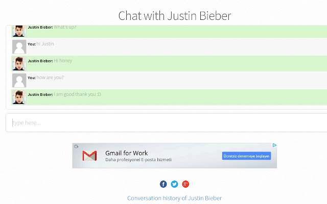 Chat with Justin Bieber  from Chrome web store to be run with OffiDocs Chromium online
