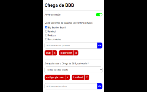 Chega de BBB  from Chrome web store to be run with OffiDocs Chromium online