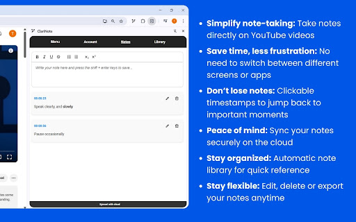 ClariNote: Take Notes on YouTube Videos  from Chrome web store to be run with OffiDocs Chromium online